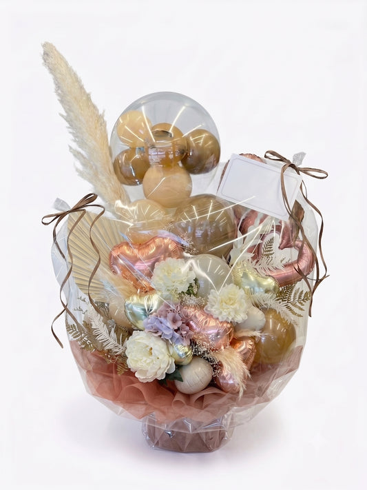 【誕生日・結婚祝い】ローズゴールド＆キャラメル 大人フェミニン バルーンフラワー（ハート／あじさい／名入れ・カード可）